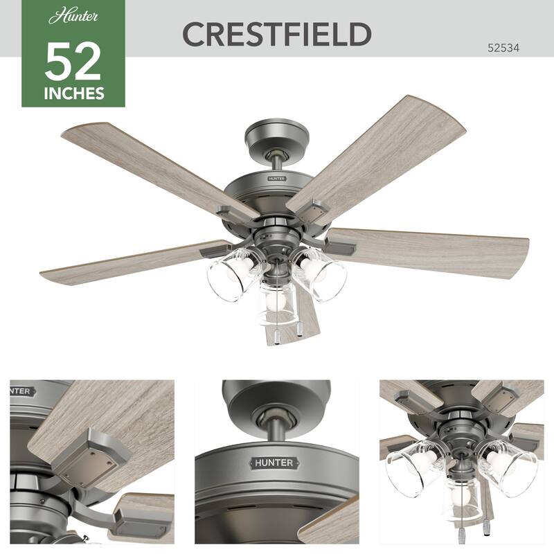 Hunter 52" Crestfield Ceiling Fan w/ LED Light Kit, Pull Chain - Farmhouse, Transitional - EASY INSTALLATION!