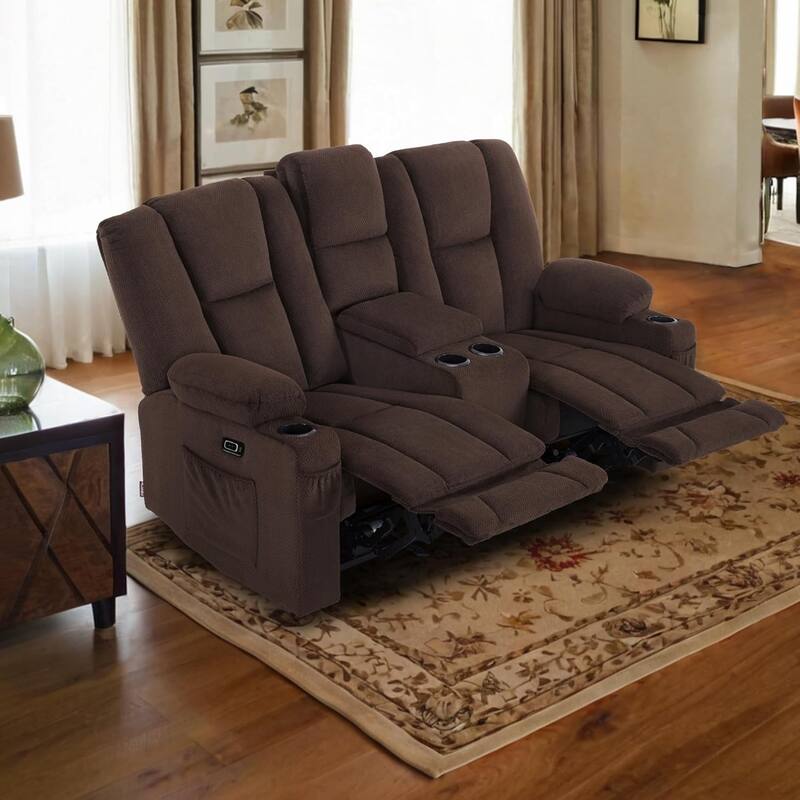 MCombo Electric Power Reclining Sofa with Massage and Lumbar Heat, Fabric 6015/6025/6035/6045 - Loveseat Recliner with Console - Brown