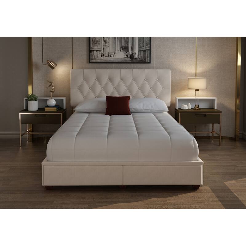Queen Size Upholstered Storage Bed with Polyester Fabric - Light beige