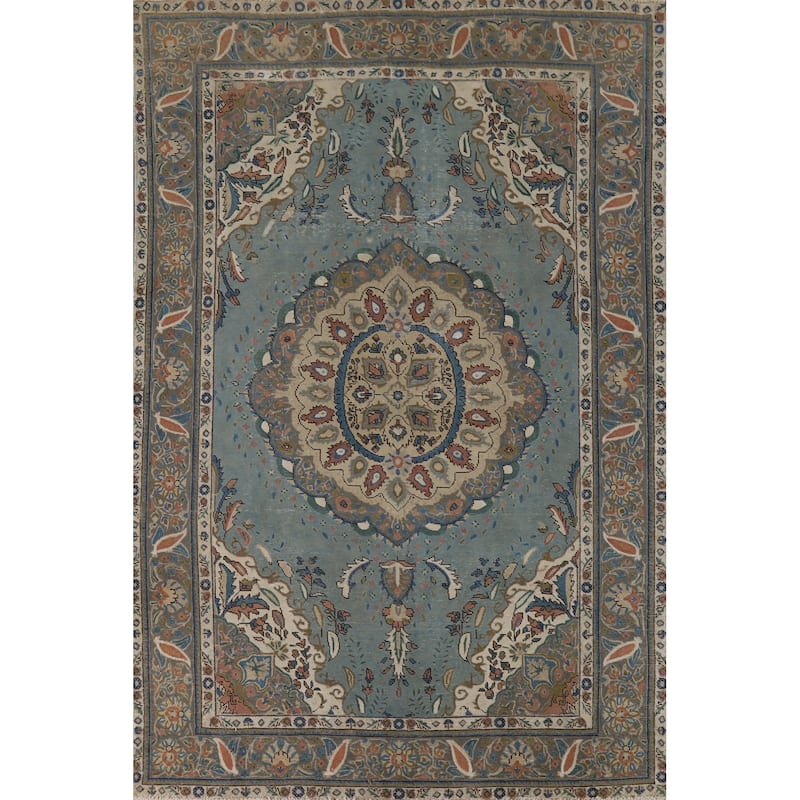 Blue Tabriz Vintage Persian Area Rug Handmade Traditional Wool Carpet - 6'4" x 9'5"
