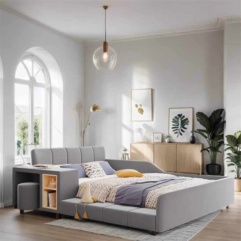 Full Size Velvet Grounded Bed with Bedside Desk and Little Round Stool