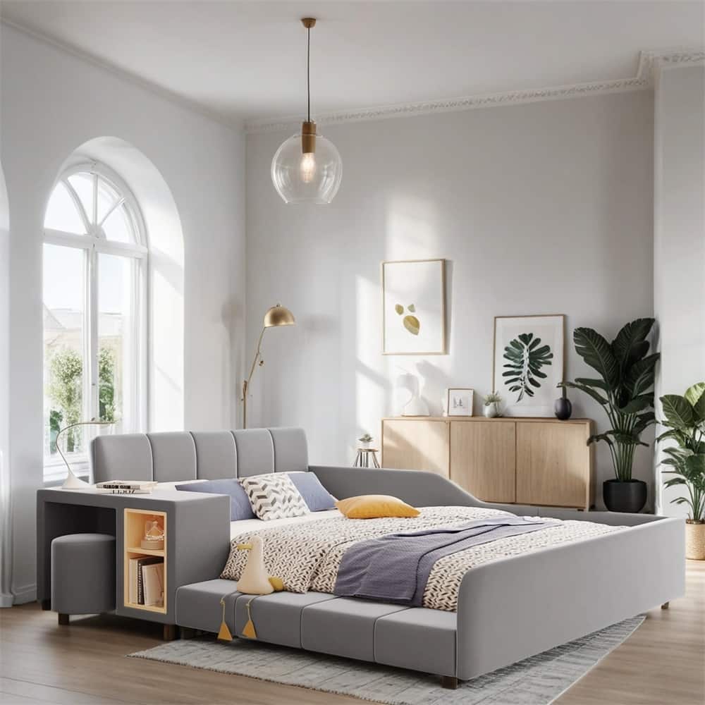 Full Size Velvet Grounded Bed with Bedside Desk and Little Round Stool