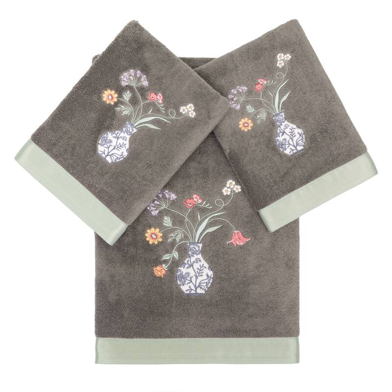 Authentic Hotel and Spa 100% Turkish Cotton Stella 3PC Embellished Towel Set - Charcoal