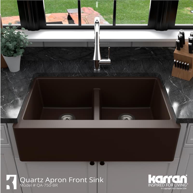 Karran Farmhouse Apron Front Quartz Double Bowl Kitchen Sink