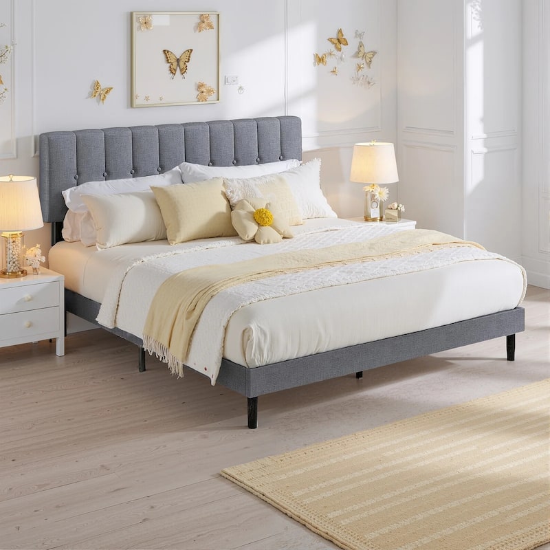 Twin Size Upholstered Platform Bed Frame with Adjustable Headboard, No Box Spring Needed with Sturdy Wooden Slats Support