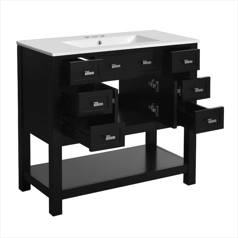 Roomfitters 36" Vanity with Sink, Modern Bathroom Cabinet with 2 Doors and 6 Drawers, Freestanding Storage Design