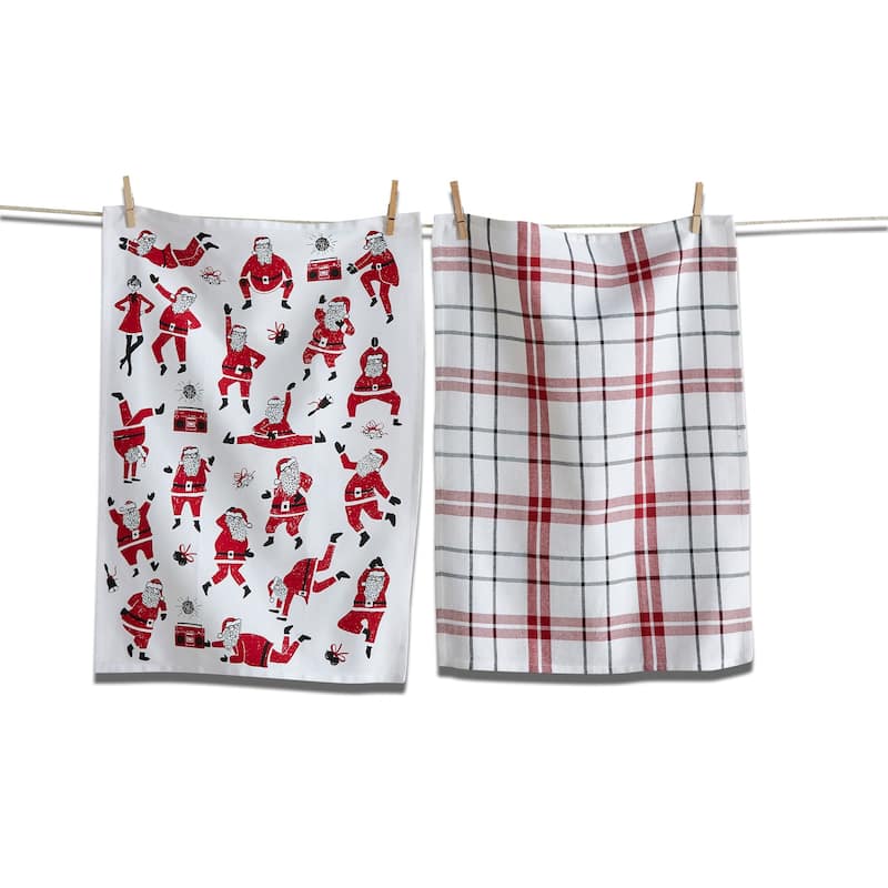 Oh What Fun Santa Dishtowel Set of 2 Red Cotton Kitchen Towels Christmas Machine Wash 26 x 18 Inches