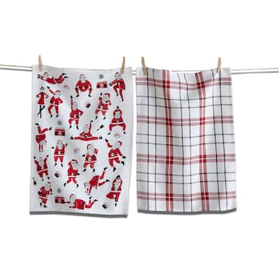 Oh What Fun Santa Dishtowel Set of 2 Red Cotton Kitchen Towels Christmas Machine Wash 26 x 18 Inches