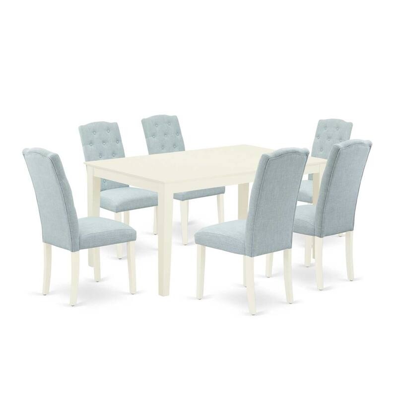 HomeStock 7-Piece Rectangle Linen White Finish Solid Wood Top Dining Table with 6-Parson Chairs with Lattice Back