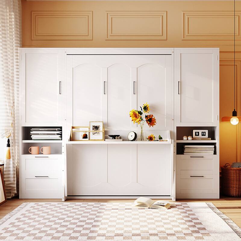 Superior Quality Full Size Murphy Bed Wall Bed with Closet, Drawers & Shelves, Multifunctional Space-Saving Solution, Gray - White