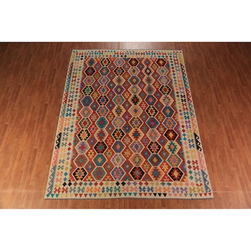 Geometric Kilim Area Rug Hand-Woven Orange Tribal Wool Carpet - 8'10"x 12'0"