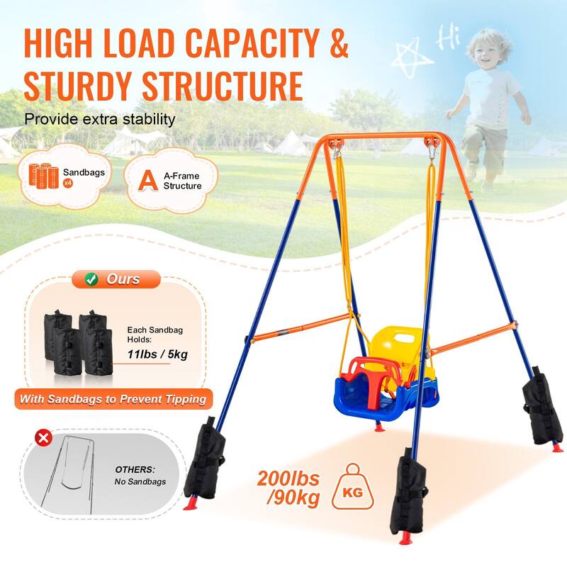 3 in 1 Outdoor Swing Sets with 4 Foldable Sandbags and Removable Seat Perfect Gift for Kids - 44.09"L x 63.76"W x 62.20"H