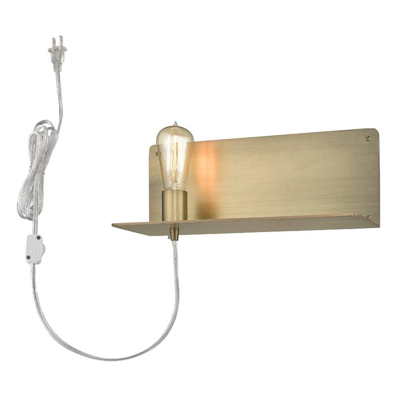 Modern XL Dull Gold Plug-In Wall Sconce with Shelf and Ambient LED Light Fixture E26 Base - 6" H x 15" W x 5" D