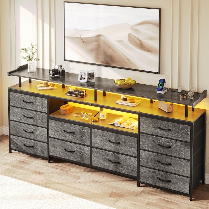 TV Stand 65 70 Inches TV LED Lights Power Outlets Storage Drawers - 12 Drawers - Grey Wood Grain