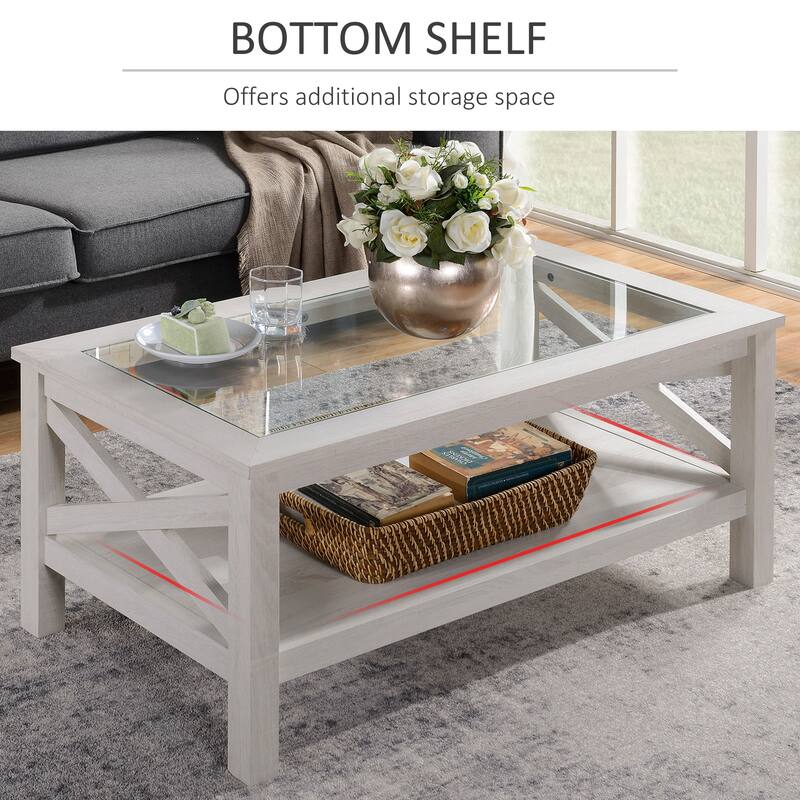 HOMCOM Traditional Coffee Table with Wood Frame, Tempered Glass Tabletop and Underneath Storage Shelf, White Oak