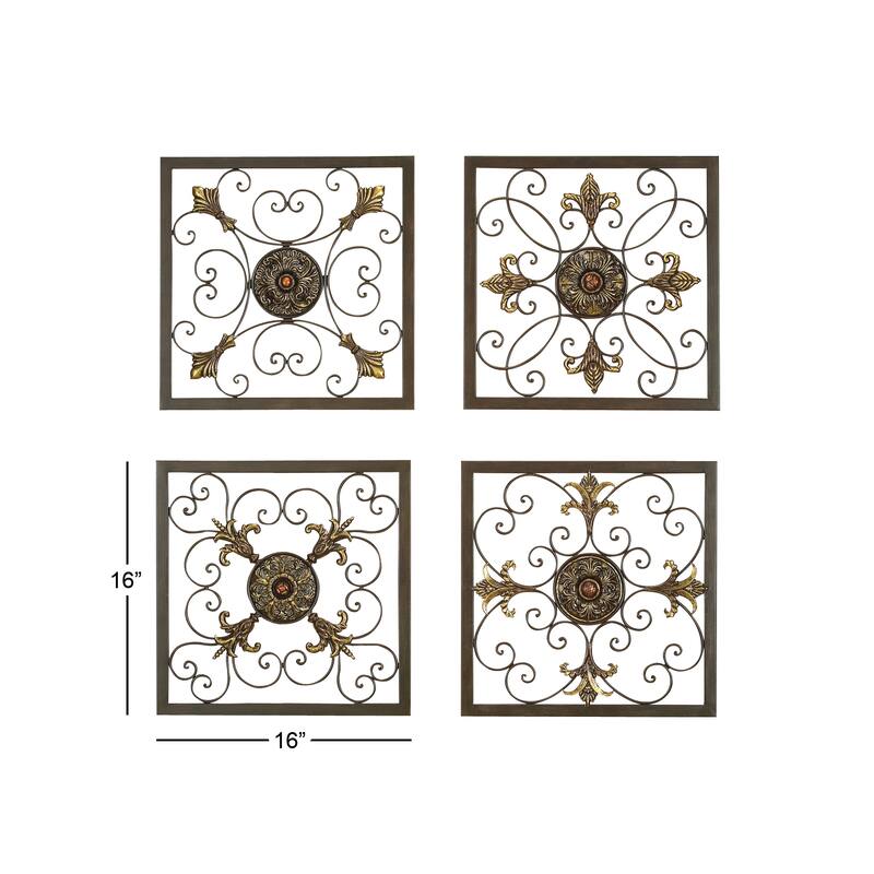 Brown Metal Wire Scroll Fleur De Lis Home Wall Decor with Gold Accents (Set of 4)