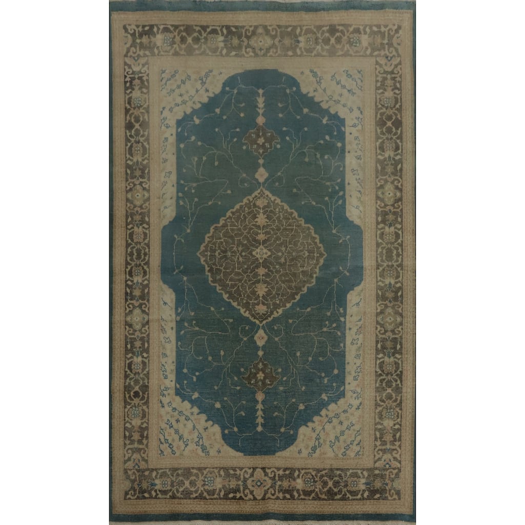Hand Knotted Oriental 100% Wool Carpet Transitional Floral Navy Blue & Blues Oushak Area Rug - 7' 8'' X 5' 0''