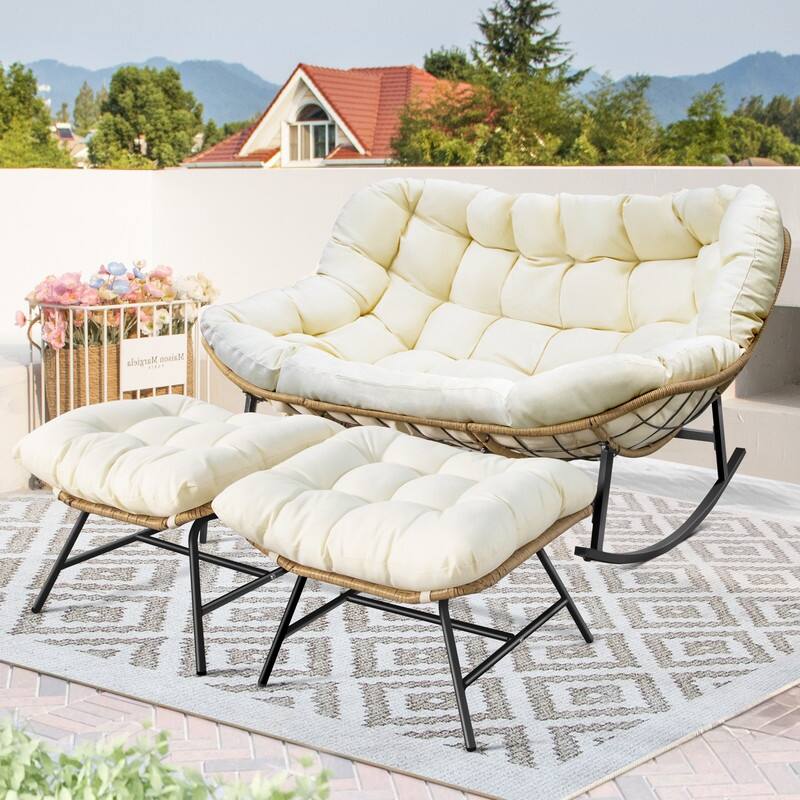 FINCATI Outdoor Double Rocking Chair, Double Wide Rocking Chair, 700 lbs Indoor Rocking Chair for Two, Double Papasan Chair - 3 PCS-Beige