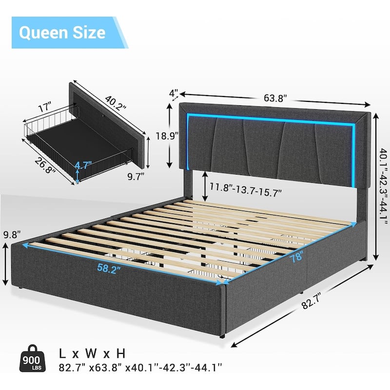 Bed Frame with 4 Storage Drawers1 USB /Type-C Charging Station