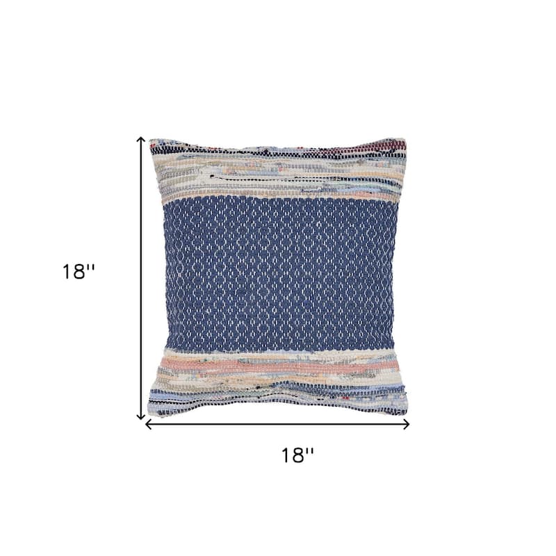 HomeRoots 18" X 18" Blue White Red And Yellow 100% Cotton Striped Zippered Pillow