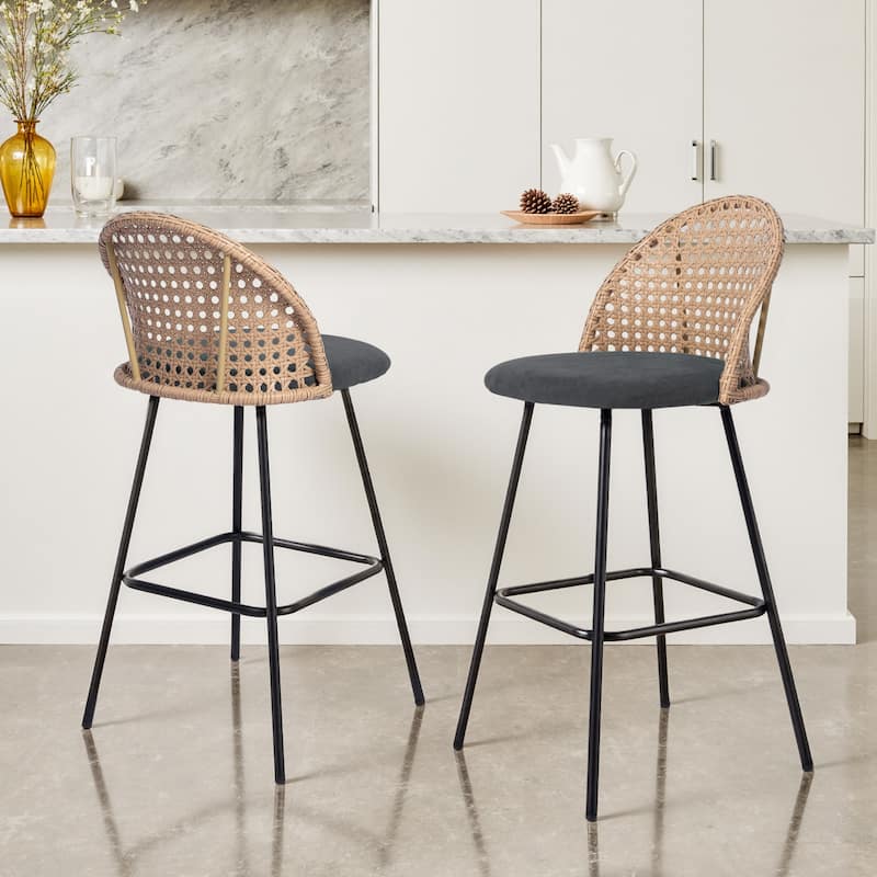 2 Set Rattan 27" Upholstered Chenille Full Back Counter Stool