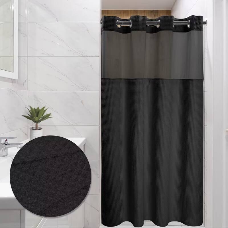 Cotton Blend Honeycomb Waffle Weave Shower Curtain with Snap-in Liner