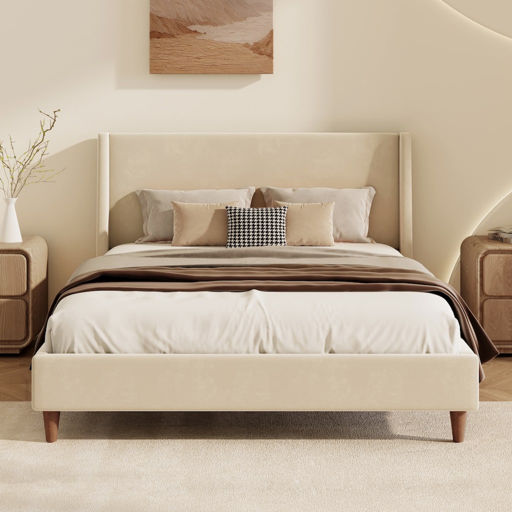 King Velvet Platform Bed - Walnut Legs