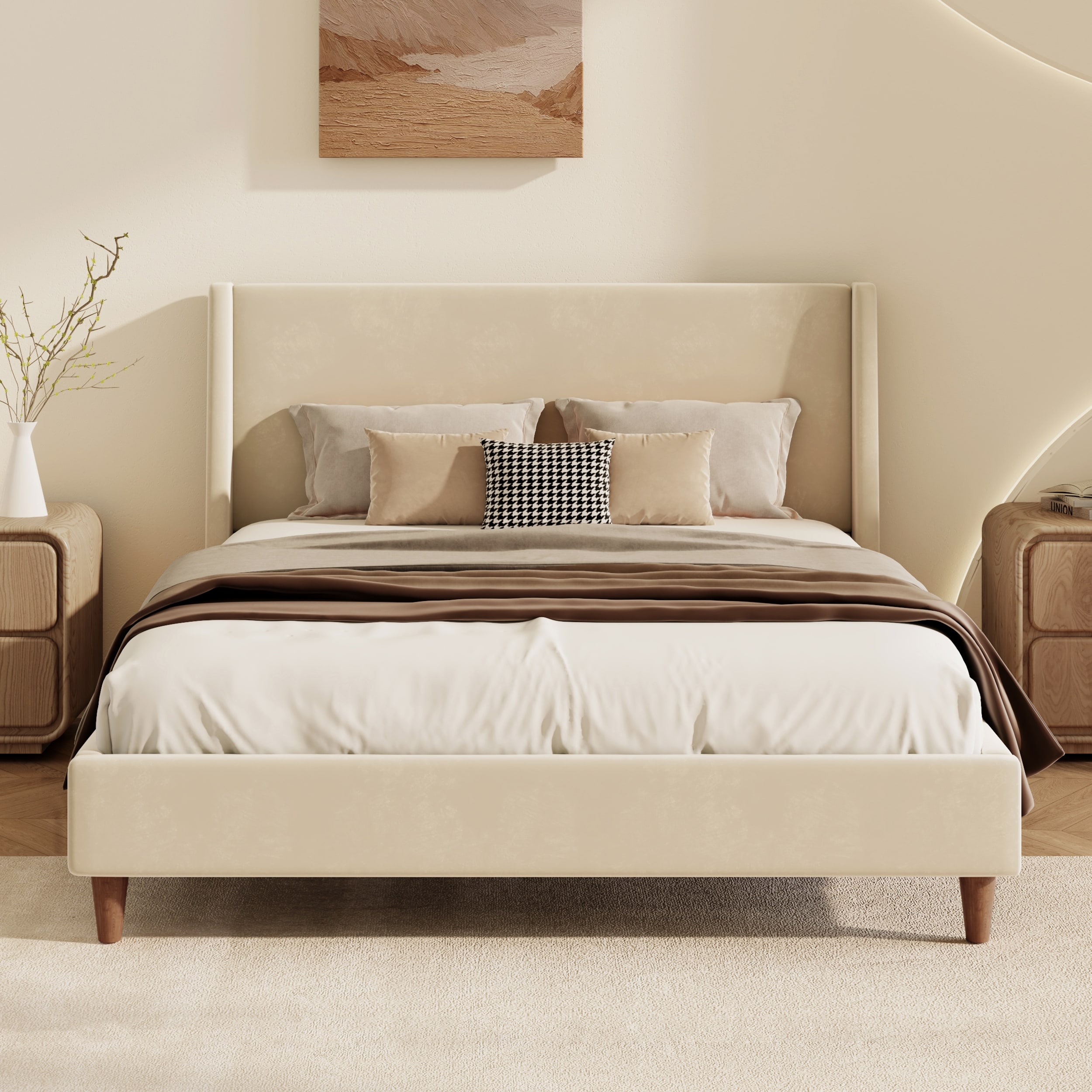 Queen/King Velvet Platform Bed with Wingback Headboard & Round Legs