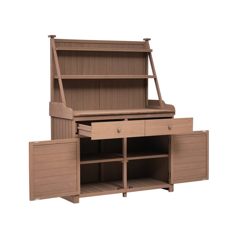 Outdoor Potting Bench Table, Gardening Workstation with Open Storage Shelves, Fir Wood Workstation with 2 Drawers and Cabinet
