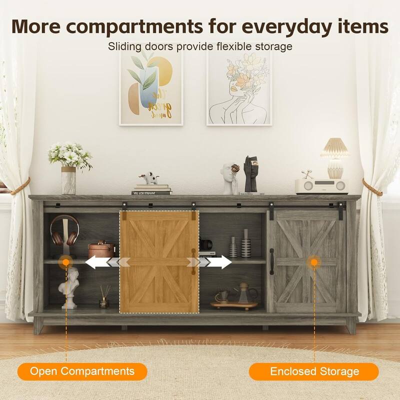 66" Farmhouse TV Stand, Entertainment Center with Adjustable Shelf - N/A