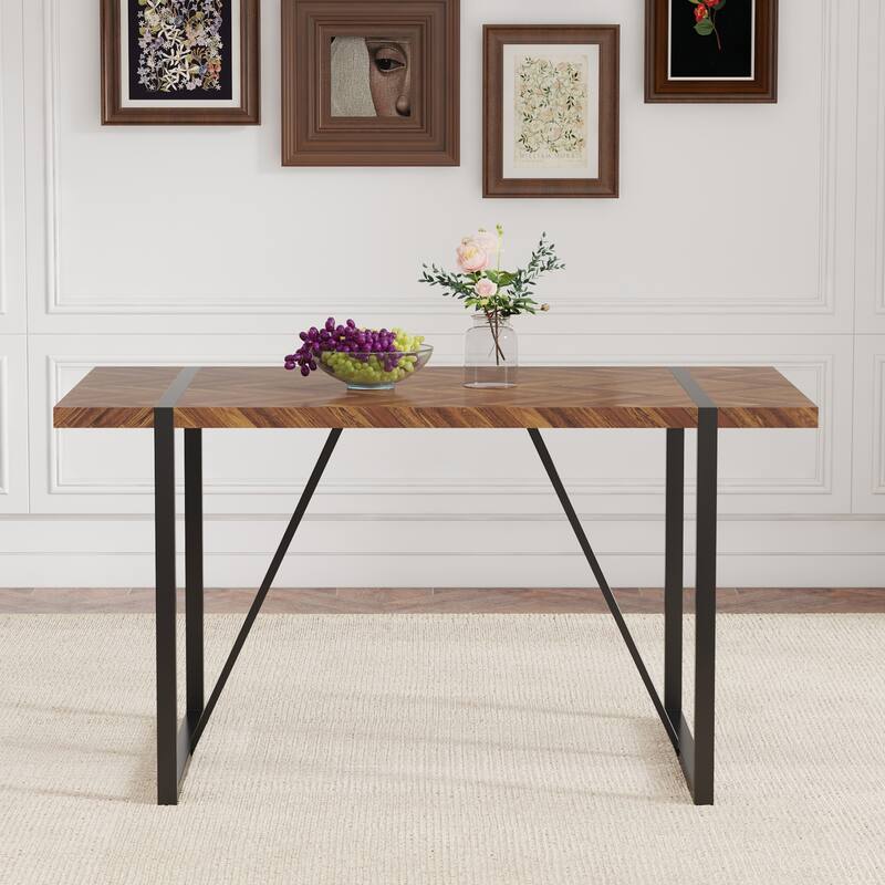 A Minimalist Retro Rectangular Dining Table with a specially Textured Top and Black Metal Legs - Black,Brown