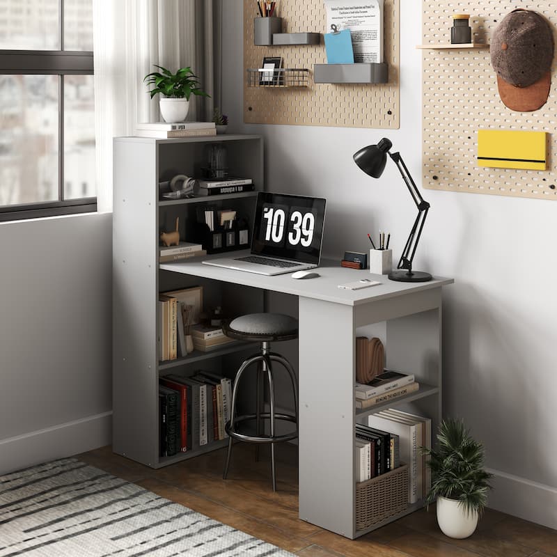HOMCOM Compact Computer Desk: 6-Tier Storage Shelves, Writing Table Workstation with Bookshelf