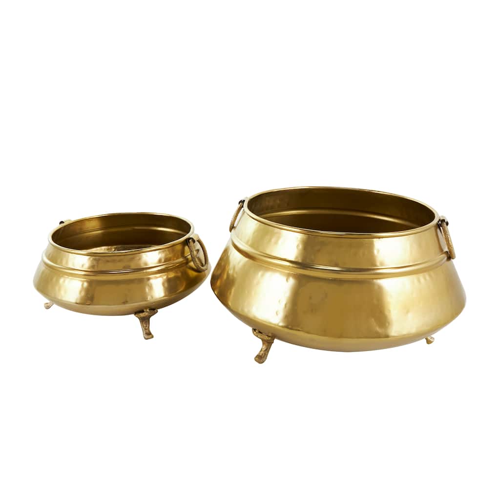 Metal Hammered Pot Planter with Scrolled Feet and Ring Handles - Set of 2 Gold - Roche River Decor - 14"W x 14"L x 7"H