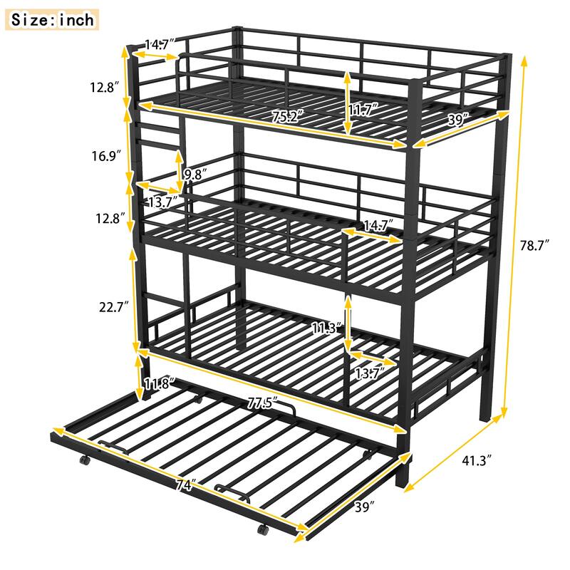 Twin Size Triple Bunk Bed with Trundle, Black, Heavy Duty Metal Construction