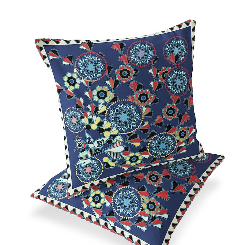 HomeRoots Set of Two 16" X 16" Blue and Off White Peacock Blown Seam Floral Indoor Outdoor Throw Pillow