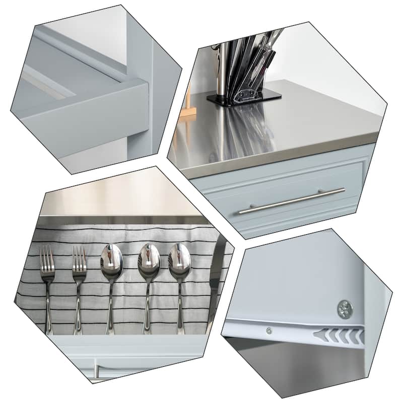 Rolling Kitchen Island with Metal Top, Drawers and 2-Tier Open Shelves
