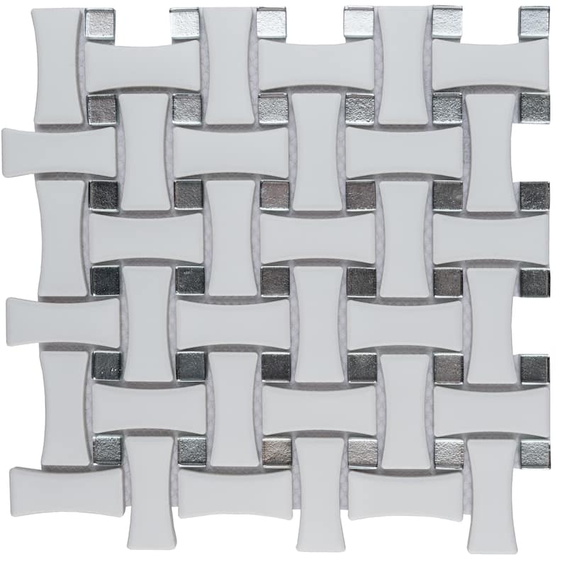 Merola Tile Metro Dog Bone Basketweave Matte White with Glass Silver Dot 10" x 10" Porcelain Mosaic Wall Tile