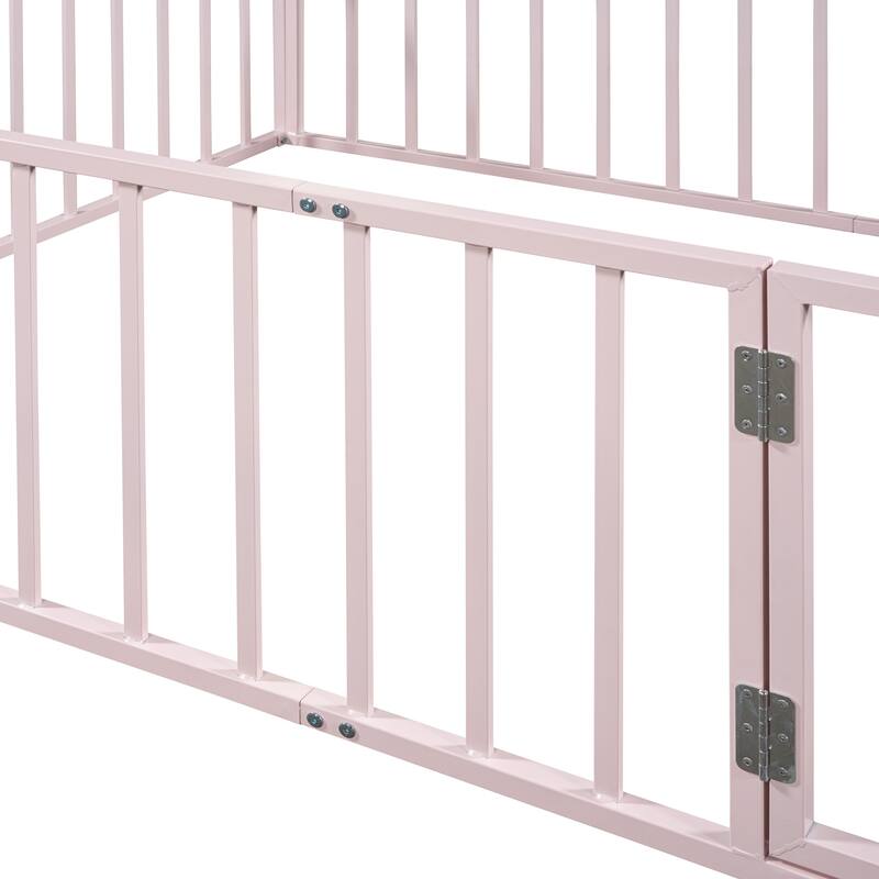 Metal Floor Bed Versatile Kids Bed without Slats, Sturdy Metal Floor Bed Frame with Fence and Door