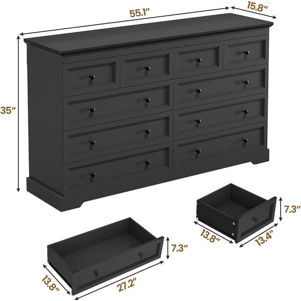 10 Drawers Dresser 55" Large Drawers Wood Dressers & Chest of Drawers