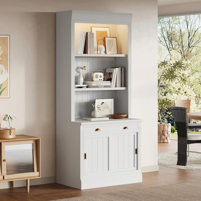 83.4" Tall Bookshelf with LED Lighting, Sliding Doors and Open Shelves