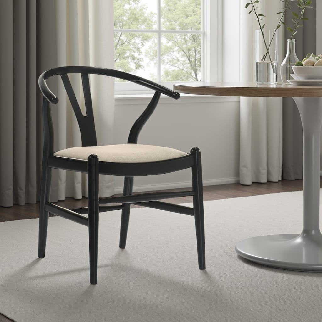 Ellie Dining Chair Set of 2, Beige Fabric, Black Hardwood