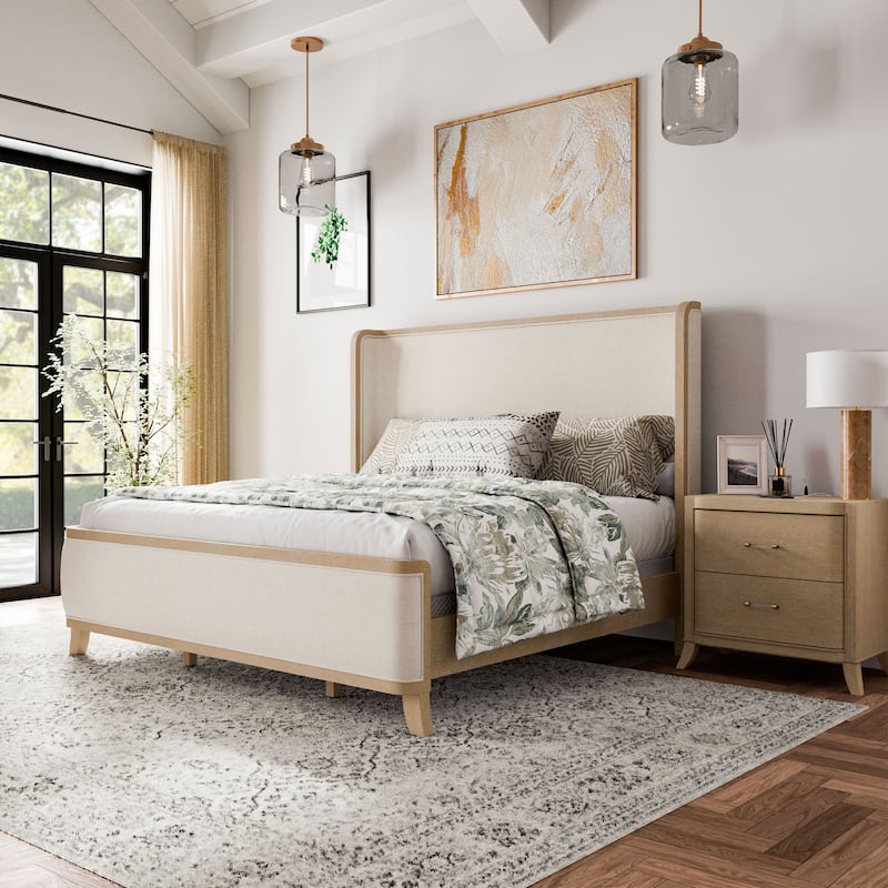 Furniture of America Kian Modern 2-Piece Natural Oak Solid Wood Panel Bed and Nightstand Set - King