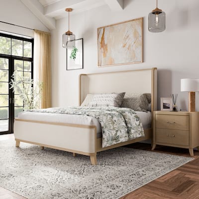 Furniture of America Kian Modern 2-Piece Natural Oak Solid Wood Panel Bed and Nightstand Set