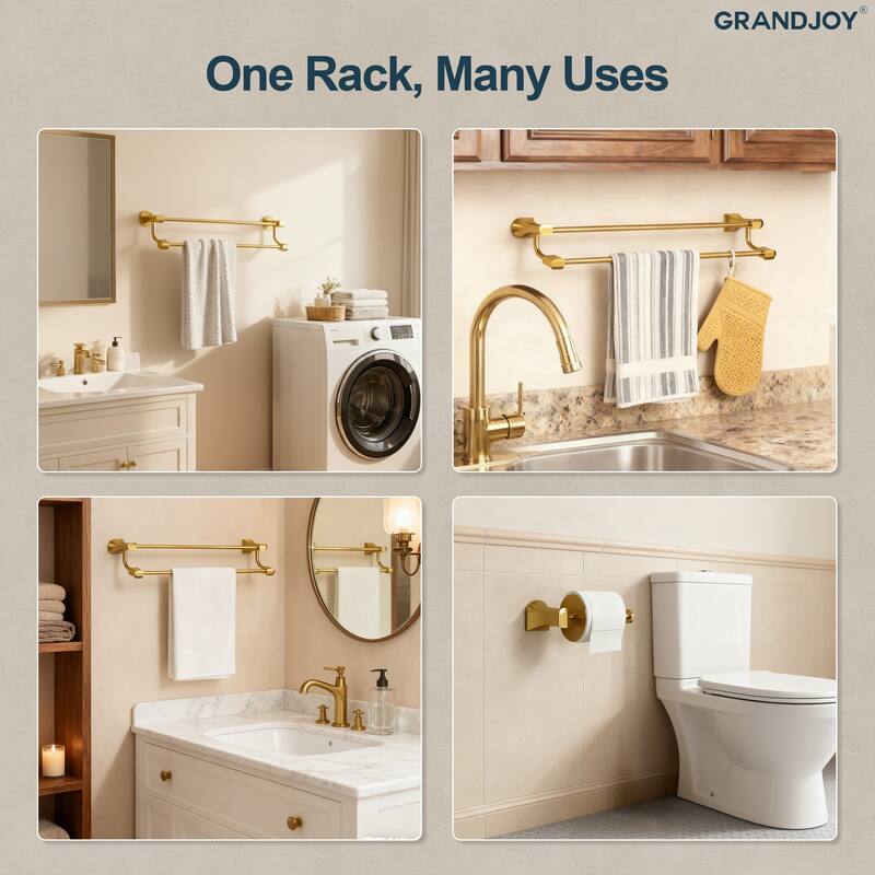 GRANDJOY 4-Piece Stainless Steel Bathroom Hardware Set with Wall Mount Double Towel Bar