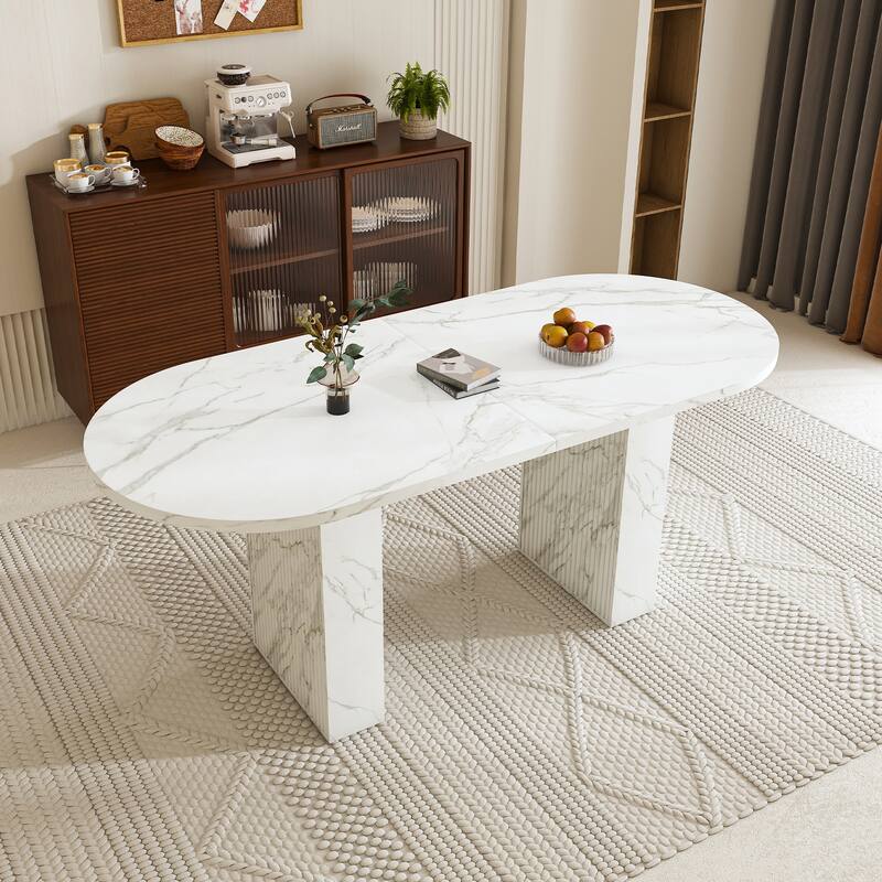 62.9 Inch Oval Dining Table for 6, Marble Top Kitchen Table with Wood Strip Base, Modern Farmhouse Dining Room Table