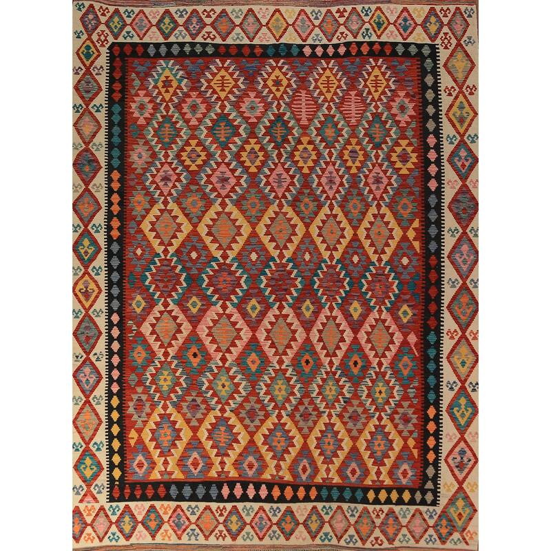 Geometric Kilim Reversible Area Rug Hand-Woven Orange Wool Carpet - 8'3"x 11'0"