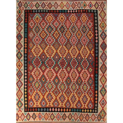 Geometric Kilim Reversible Area Rug Hand-Woven Orange Wool Carpet - 8'3"x 11'0"