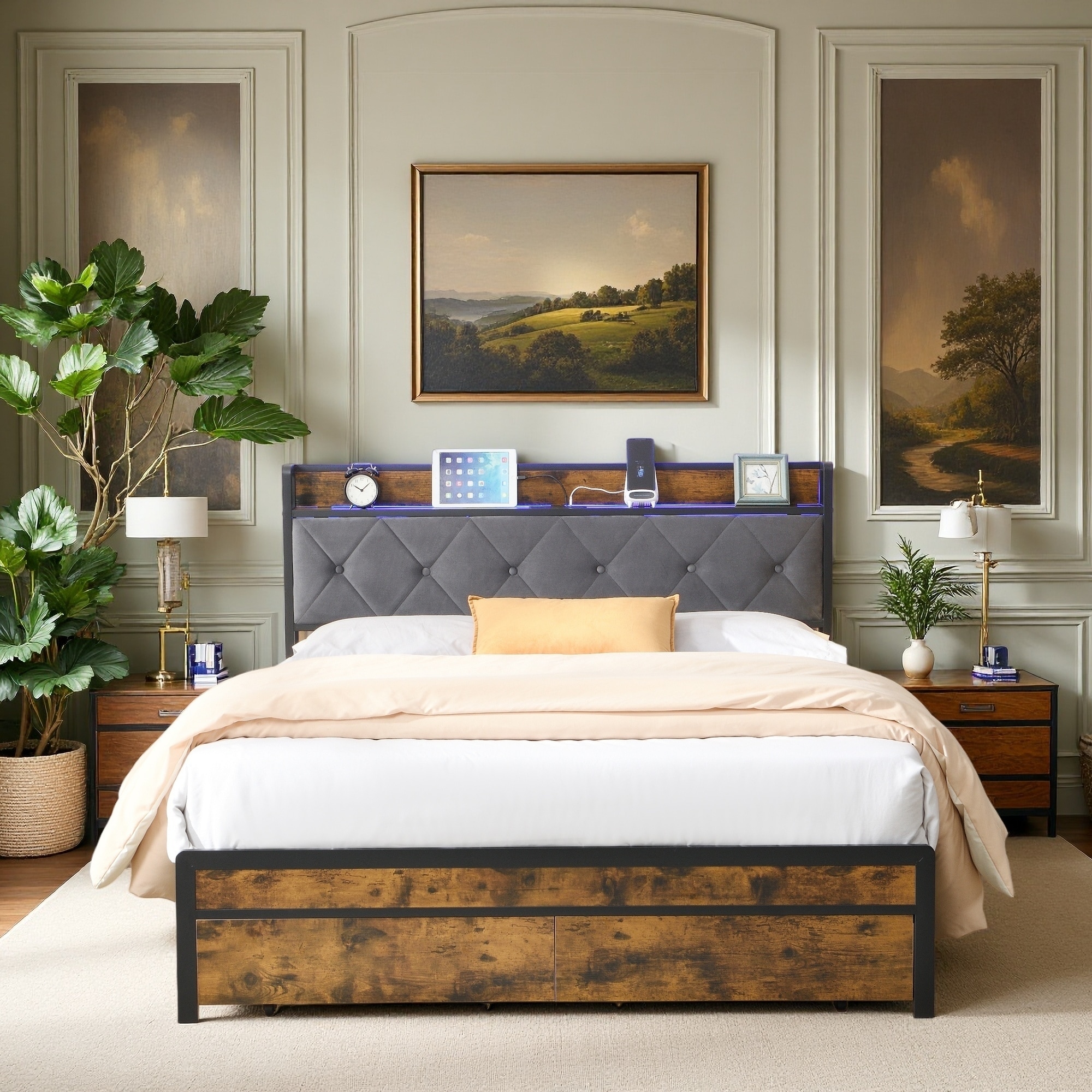 Upholstered Storage Bed Frame with Storage Drawers and LED Lights
