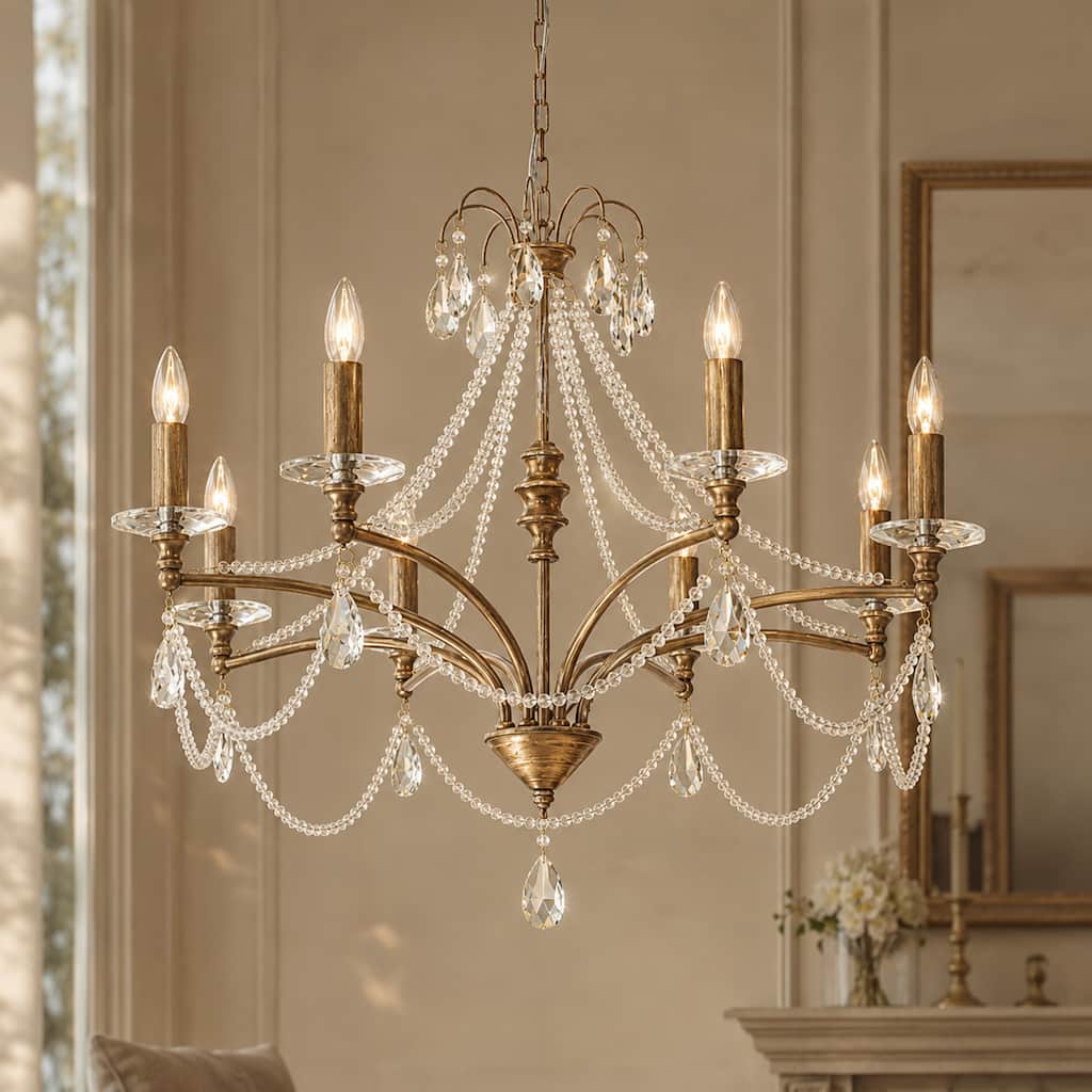 32 in. 8-Light Empire Candle Chandelier Antique Gold Crystal Chandelier for Dining Room Living Room - 32.3 in. Dia x 25.6 in. H