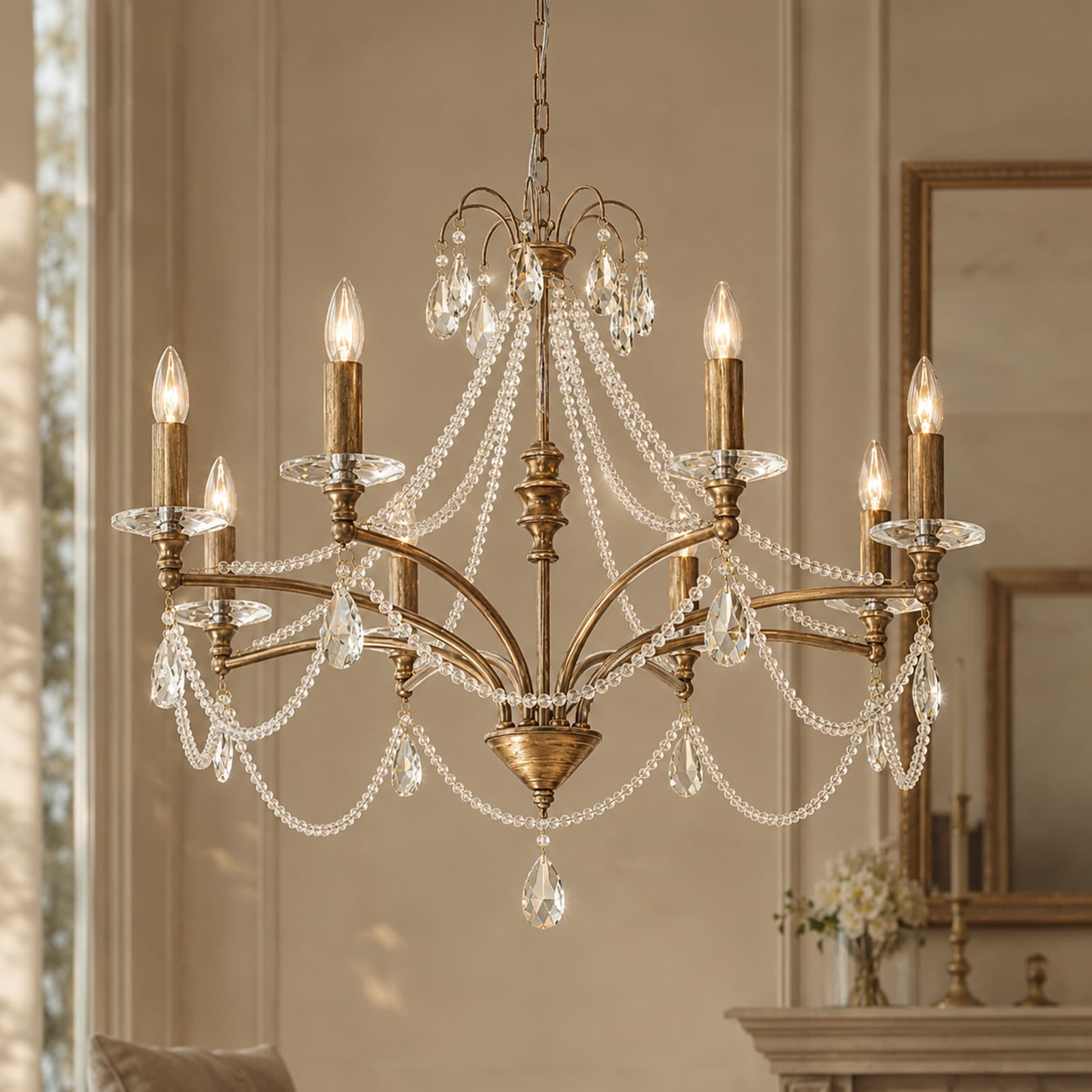 32 in. 8-Light Traditional Candle Chandelier Antique Gold Crystal Chandelier for Dining Room Living Room